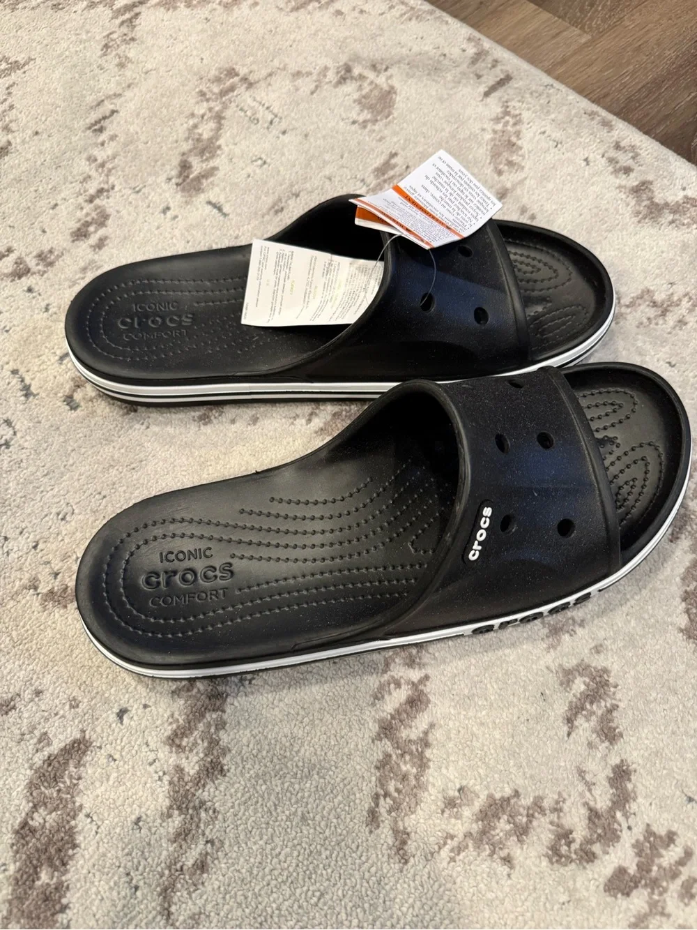 CROCS Black Slide Sandals with White Accent Stripe